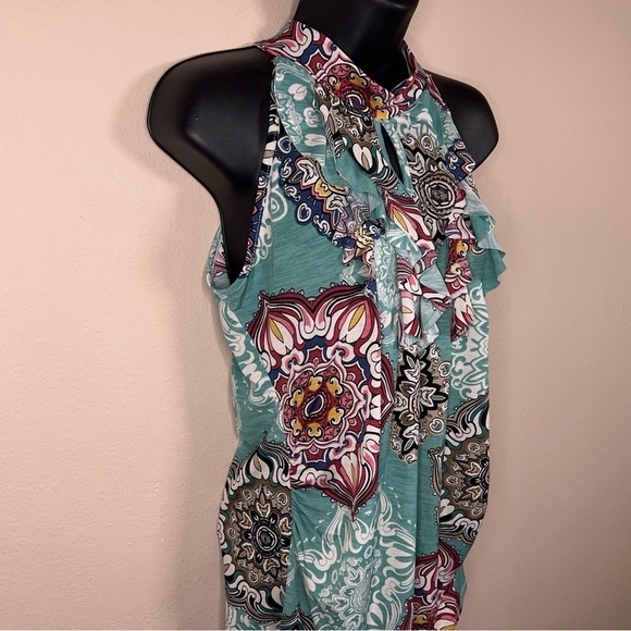 LARGE 42 POPS BLUE BOHO RUFFLE SLEEVELESS STRETCH BLOUSE TOP PAISLEY - Picture 4 of 11